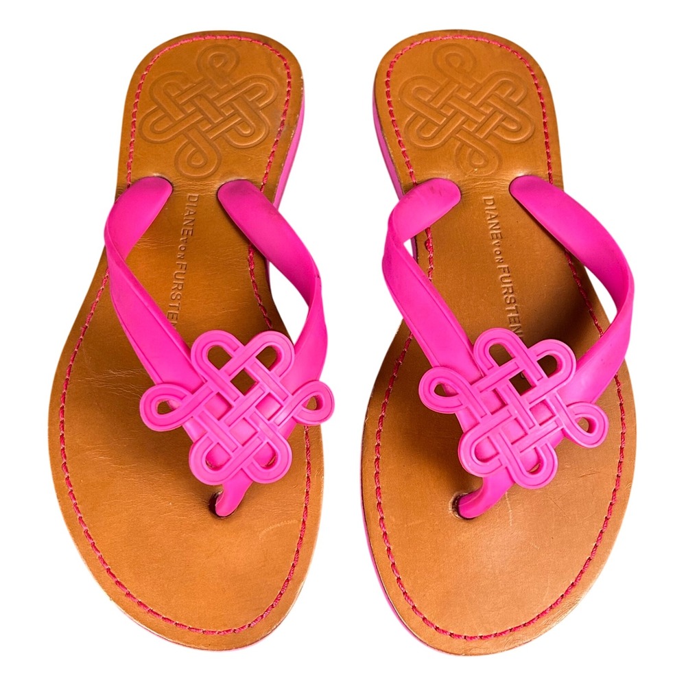 Diane von Furstenberg Hot Pink Love Knot Leather Jelly Thong Flip Flop Sandals 6